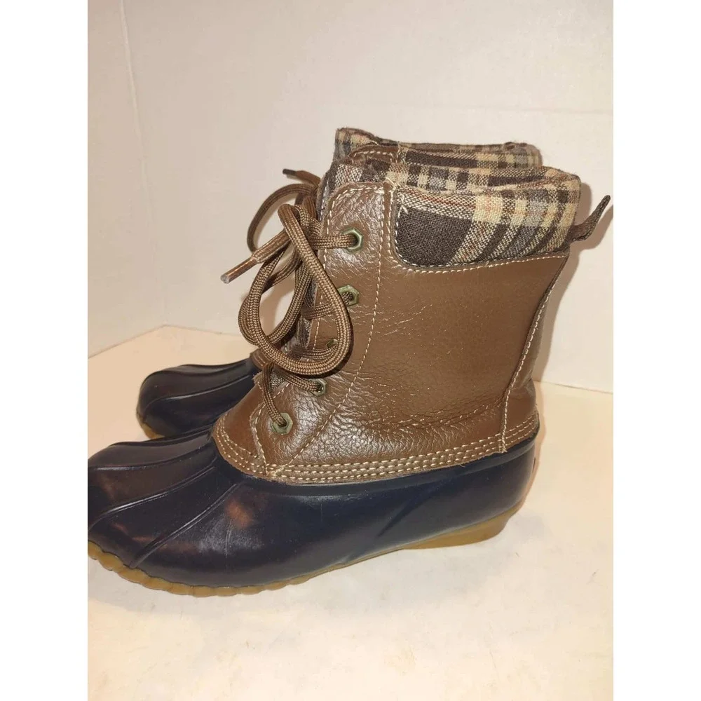 Sporto Womens Duck Boots Brown Leather Plaid Lined Size 6 Navy Lace Steel Shank